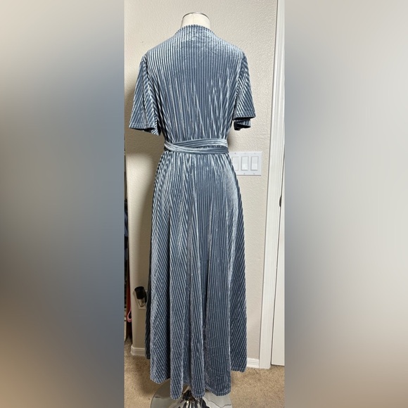 Elegant Simplee Plus, Steel Blue Ribbed Velour High Low Wrap Dress. Short Sleeve - Picture 13 of 16